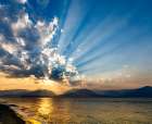 USA, Washington State, Seabeck. Sunset over Hood Canal and Olympic Mountains. Art Print